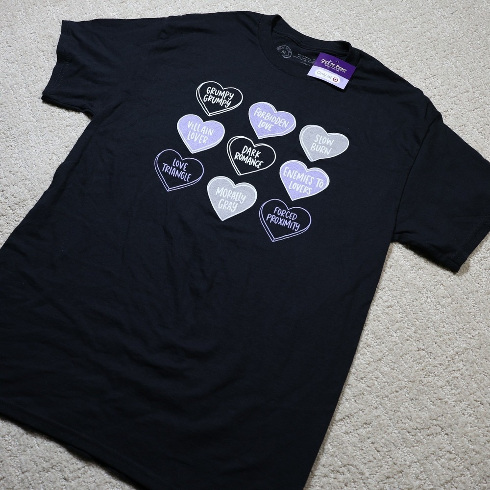 Out of Print Romance Tropes Graphic T-Shirt Black Bookish Hearts Tee Medium